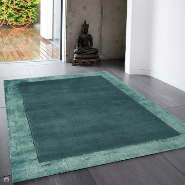 Ascot Modern Plain Hand-Woven Wool Centred Loop Pile Metallic Shimmer Wide Edged Viscose Border Teal Blue/Aqua Blue Rug-Asiatic Carpets-Rug Love - The Most Loved Rug Store